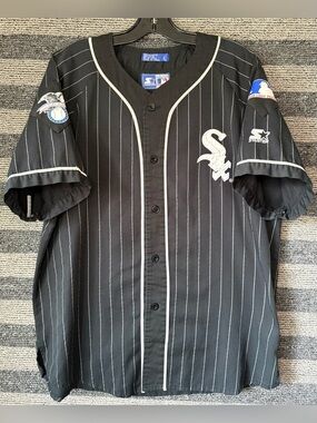 Vintage 90’s STARTER Chicago White Sox Black Pinstripe Baseball Jersey Large EUC
